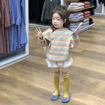 Coreean Toamna Copii Fete 2 BUC Cllothes Set Curcubeu cu Dungi Pulover tricotat din Bumbac Solid Cutat pantaloni Scurți Largi Copil Fata de Tinuta