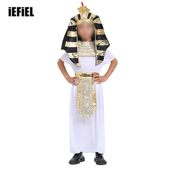 Copii Baieti Costum de Halloween Acient a Faraonului Egiptean Costum Haina cu Guler Fals Betelie Și articole pentru acoperirea capului Set pentru Cosplay