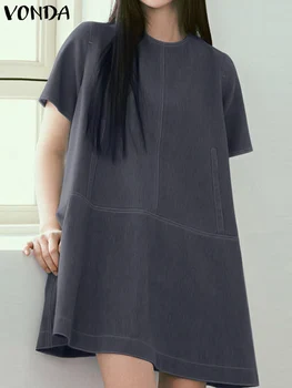 2023 VONDA de Vară de Moda pentru Femei Rochie Mini Tricou Sundress Elegant Casual Culoare Solidă Spate Gol Afară Maneci Scurte Largi Vestidos