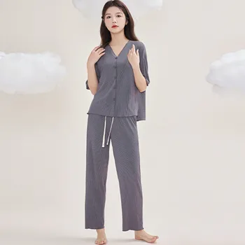 Noi Gheață Pijamale de Mătase pentru Femei Primavara-Vara Cardigan Vrac se Potrivi Cool cu Mânecă Scurtă Acasă Purta Haine de sex Feminin Pijamale Set