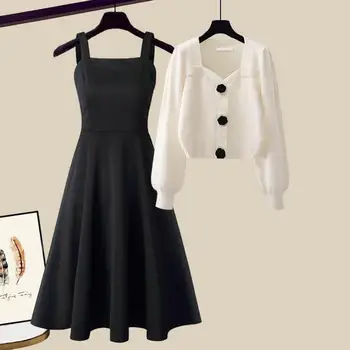 2023 Toamna Iarna Noua Moda Pulover Tricot Top+Negru Rochie din Două Piese Set pentru Femei coreene Cardigan Elegant Bluza Fusta Midi Costum