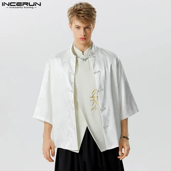 Chinoiserie Topuri 2023 Noi Bărbați Nod Butonul Dragon Imprimare Mijlocul Bluza Casual Streetwear Vânzare Fierbinte de sex Masculin Camasi cu Maneca S-5XL