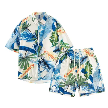 2023 Vara Noi Bărbați Set de Plajă Mânecă Scurtă Cămașă Hawaiană și pantaloni Scurți 2PC Set Matase de Gheață Respirabil Mens Sport Costum de Vacanță Set