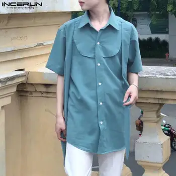 INCERUN Topuri 2023 Stil coreean Oameni Noi e Amuzant Butonul Înapoi de Design de Tricouri Casual Streetwear Bărbat Solid Bluză cu Mânecă Scurtă S-5XL