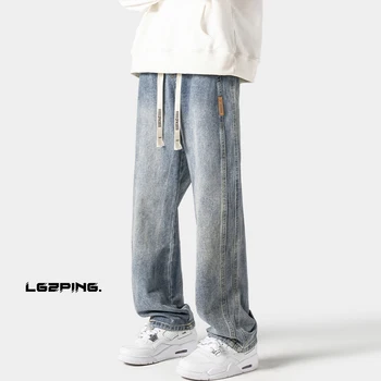 Versiunea coreeană Barbati Blugi Largi Picior Drept Pantaloni Hip Hop Streetwear 5XL Negru Gri Albastru Blugi Largi High Street