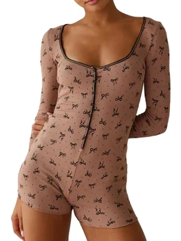 Femeile Cad Bodycon Scurt Pijama Romper Moda Cu Maneci Lungi Low Cut Salopeta Arc Buton De Imprimare Bodysuit Sleepwear
