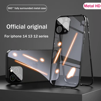 De lux Aluminiu Metal față-verso HD Pahar Transparent Caz pentru iPhone 14 13 12 11 Pro Max 360° Complet de Protecție la Șocuri Cove