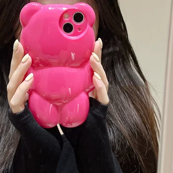 Ins Japonia Drăguț desen Animat 3D Rose Red Bear Telefon Caz Pentru iPhone 14 Pro Max 13 12 11 XR XS X Neteda Lucioasa de Protecție husă Moale