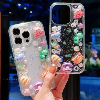 Coreea Drăguț 3D Delfin Epoxidice Sclipici de Stele Pearl Caz Pentru iphone 14 13 11 12 Pro Max 15 Pro Max Plus Fata de Clar Capac de Protecție