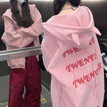 Noul Roz Demon Hoodies Femei American Retro Corn de Diavol Design Vrac Jachete de Înaltă Calitate Streetwear Femei Goth Zip Up hoodie