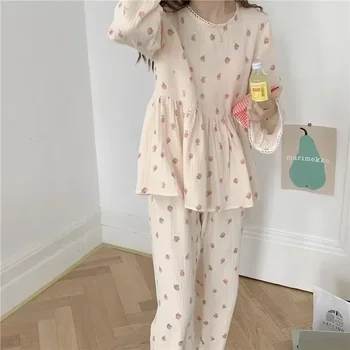 Timp De Piersici Costum Pijama Sleepwear Piiama Dantela Stil Seturi De Femei Piese Poartă Maneca Zburli Noapte De Toamnă 2 Coreean Pantaloni Completă De Imprimare