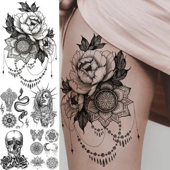 Manda Floare Trandafir Henna Tatuaje Temporare Pentru Femei Adulte Vampir Șarpe, Elefant Schelet Tatuaj Fals Coapsei Tatuaje Florale