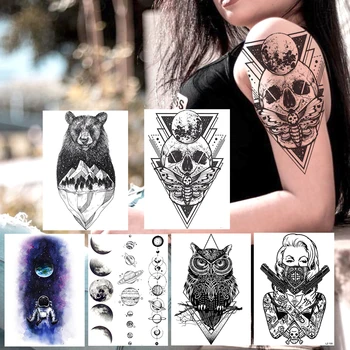 Creative Moartea Craniu Tatuaje Temporare Autocolant Pentru Femei Barbati Body Art Brațul Tatuaje False Geometrice Negre, Planete Bufnita Ganster Tatuaj