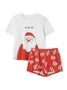 Femei Pijamale Crăciun Lounge Set Santa Imprimare Echipajul Gât Maneci Scurte Topuri si Scrisoare de Imprimare pantaloni Scurți 2 Bucată de Costume