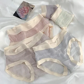 Crema de materialul moale si confortabil chilotei sexy sex feminin cu dungi orizontale fata de Instagram stil ultra-subțire chilotei