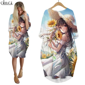 CLOOCL Imprimare Rochii la Modă de benzi Desenate Stil de Îmbrăcăminte pentru Femei Maneca Lunga Genunchi-lungime Portabil de Buzunar Rochie de Floarea-soarelui Fata Anime Dress