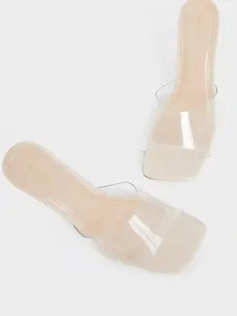 Clar PVC Square Toe Catâr Tocuri inalte Pantofi Slip Pe PVC Transparent Vara Primavara Papuci de casă Pista Rochie Pantofi Femei Nud