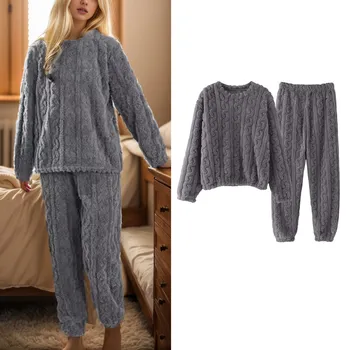 Cald Pijamale Pentru Femei Catifea Reiata Seturi De Pijama Confortabilă Lână Pulover Supradimensionat Pantaloni Body 2 Bucata Set De Iarna Sleepwear