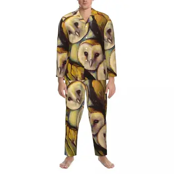 Pijamale Barbati Barn Owl Print Noapte, Pijamale Abstracte, Animal 2 Piese Casual Seturi De Pijama Cu Maneca Lunga-Moda Supradimensionate Acasă Costum