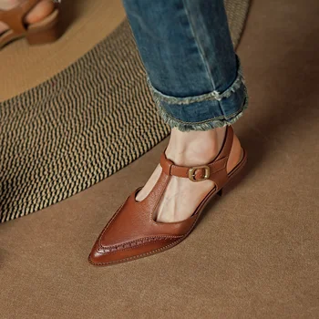 2023 Vara Sandale Pantofi pentru Femei Acoperi Toe Catâri Casual Subliniat de la Picior Toc Indesata Femei Pantofi Med Toc Retro din Piele