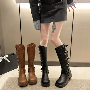 Facultatea de Cizme cu Toc Rock Pantofi pentru Femeie Cizme-Femei Cauciuc 2023 din Piele Cowboy Over-the-Genunchi Doamnelor Solid Square Toe Microfibra Retro