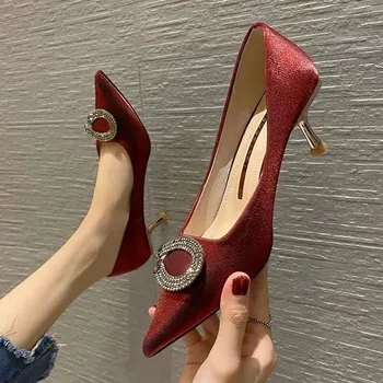 Tocuri Inalte Femeie 2021 Primavara Toamna Noua Roșu Pantofi De Nunta De Moda A Subliniat Stiletto Temperament Stras Pantofi De Partid