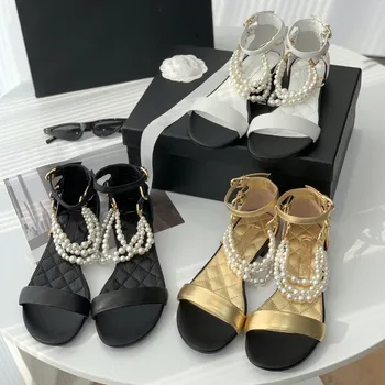Pearl Lanț Sandale 2023 Vara Faimosul Brand De Design Pentru Femei Pantofi Strappy Sandale Pompe De Curea Cataramă Superficial Încăltăminte Într-Femme