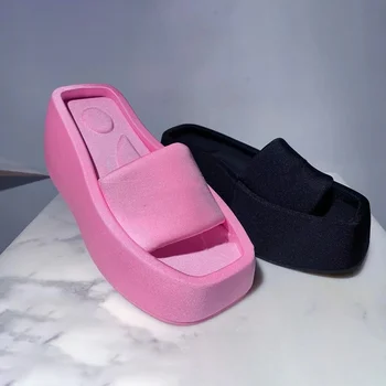 2022 Noua Platforma De Femei Papuci De Vara Deget De La Picior Pătrat Brand Sandale Din Satin Femei Sexy, Pantofi Cu Toc Inalt Tobogane, Sandale De Plajă Feminin