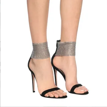 Negru Sexy sandale Curea Pantofi pentru Femei Sandale Tocuri inalte Femei Stras Banda de Fermoar Spate Petrecere de Nunta Sandale Marimea 35-43