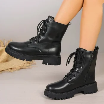 2023 Vânzare Fierbinte Doamnelor Pantofi Dantela-Up cu Fermoar pentru Femei Cizme de Iarna Rotund Deget de la picior Solid Scurt Baril Platforma Dovada de Apă Cizme de Moda