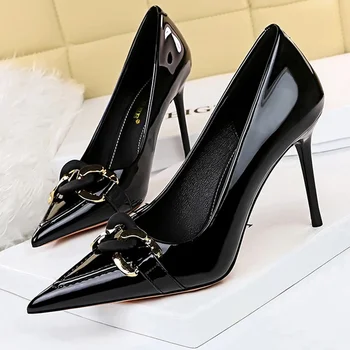 Pantofi Pentru Femei De Moda Pompe De Piele De Înaltă Tocuri De Metal Cataramă Pompe De Înaltă Calitate Femei Partid Pantofi Stiletto 2023