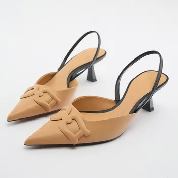 Pantofi femei 2023 TRAF ZAZA Vara Noi Subliniat Șeful Bej Pompe Proeminente Toc Deschis Temperament Femeie Sandale cu Toc Înalt Catâri