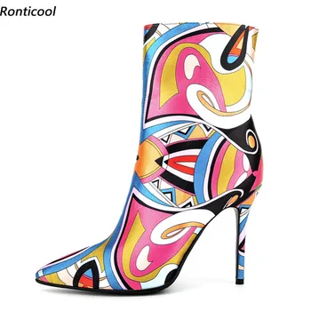 Ronticool Handmade Femei Cizme Glezna Tipărite Stilet Tocuri Ascuțite Toe Superba Multicolor Pantofi De Partid Dimensiune 5-13