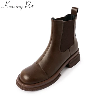 Krazing Oală 2023 din Piele Rotund Toe Chelsea Cizme Elegante Aluneca pe Concis Iarna Pantofi Brand Solid Clasice Glezna Cizme