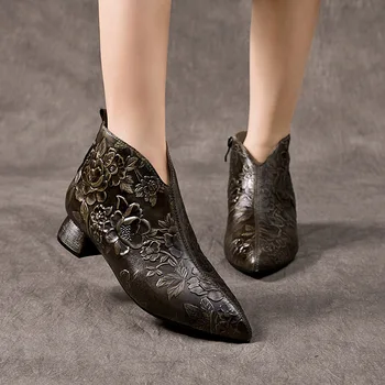 3cm Femei Glezna Cizme de Lux Relief Tocuri Indesata Piele naturala de Designer Eleganta Punct de Deget de la picior ZIP de Primavara Toamna Pantofi de Moda