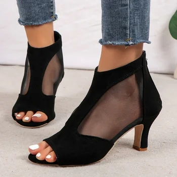 Vara Sandale pentru Femei 2024 Nou la Modă peste Gura Sandale Simple, Negre, Plasă de Sandale Romane Confortabil la Mijlocul Toc Doamnelor Pantofi