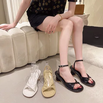 Elegante cu Toc mic Partid Sandale franceză cu toc Înalt de Nișă, Design de Basm Pantofi 2022 Summer Square Toe cu toc Gros Sandale coreeană