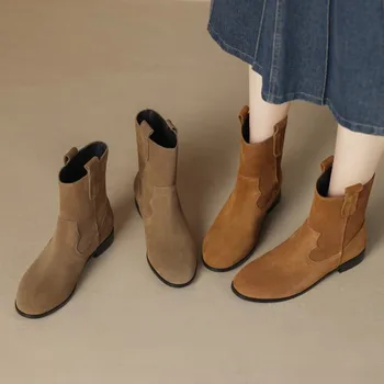2023 Femei Glezna Cizme de piele de Căprioară Piele Rotund Toe Slip on Cizme Doamnă Birou de Toamna Iarna Moale Pantofi pentru Femei Retro Botas Mujer