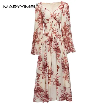 MARYYIMEI Designer de Moda de Toamna pentru Femei rochie Lungă cu mâneci Conservatie V-gât Print Slim Elegant Petrecere Rochii de Vacanță