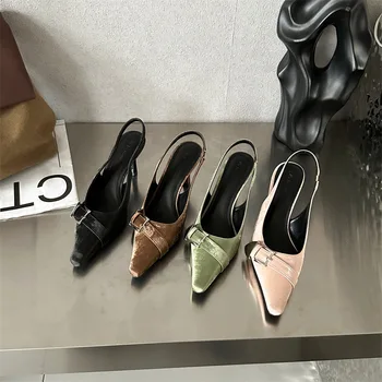 Sandale Elastic Negru Pantofi pentru Femei Tocuri inalte 2023 Vara Slip-on de culoare Bej cu toc Înalt Închise Fete Stiletto Scăzut Retro Nou