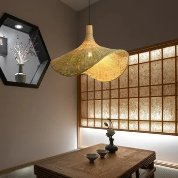 Bambus Țesute Candelabru Nou Camera De Ceai Chinezesc Rattan Corpuri De Iluminat Pălărie De Paie Lampa Scara De Bambus Art Lampa