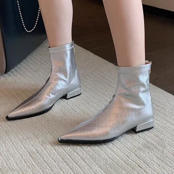 Pantofi de sex Feminin 2023 Vânzare Fierbinte PU Glezna Cizme pentru Femei Retro Modern Cizme Femei Fermoar Solid Subliniat Toe Low-Toc Patrat Pantofi Femei