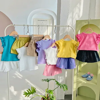 Set pentru copii Fete 2023 Summer Infant de Sus și de Jos Set de Haine pentru Fete de Lotus Sleeve T-shirt, pantaloni Scurți Casual Ropa 4-6y