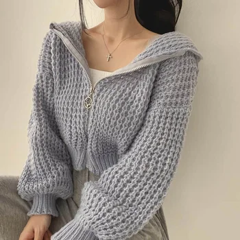 Pulover Tricotate Trunchiate Cardigan Pentru Femei Casual Haine Vintage Cu Gluga Cu Fermoar De Design De Moda Coreeană Topuri Cu Maneci Lungi Y2k Haine