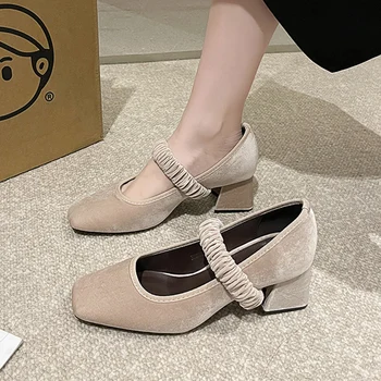 Deget De La Picior Pătrat Femei Marie Jane Pantofi 2024 Primăvară Piele De Căprioară Pantofi Cu Tocuri De Noua Moda Rochie Indesata Pantofi Pompe Elegante Femme Zapatos