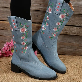 2023 Moda de Iarnă Pantofi pentru Femei slip-on pentru Femei la Jumătatea Vițel Cizme cu Toc Pătrat Med Toc Pantofi pentru Femei Broda Doamnelor Cizme