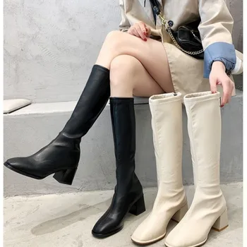 2023 Noi Genunchi-Cizme pentru Femei Pantofi Deget de la picior Pătrat cu Fermoar Spate Catarama Toc Gros Înalt de Lungă Cavaler Modern Cizme