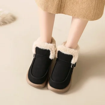Pantofi pentru Femei Rotund Toe de Lucru Elegant, cu Tocuri Joase Glezna Negru Femei Cizme de Zăpadă Chic Anti Skid de Mari Dimensiuni Cald Alunecare Papuceii