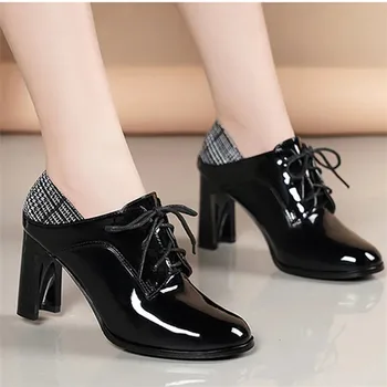 Moda Dulce Negru Dantelă-Up de Înaltă Calitate Pătrat Cizme cu Toc pentru Toamna Lady Casual Bej Subliniat Toe Pantofi Botas Femininas E748