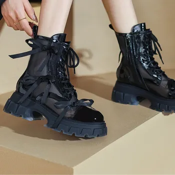 BCEBYL Cizme Femei Negru Mesh Nou Glezna Cizme Platforma Pantofi de Femei de Moda de Vara din Dantela-Up Cizme Plate Arc Nod Respirabil Cizme